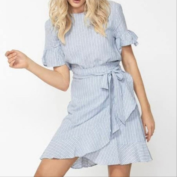 DECJUBA Blue White Striped Linen Blend Ruffle Mini Double Wrap Dress Small 6 - Picture 1 of 10